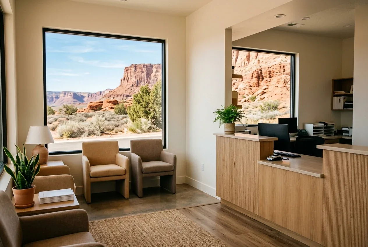 Dental office waiting room and reception desk with large windows overlooking red rock canyon scenery.